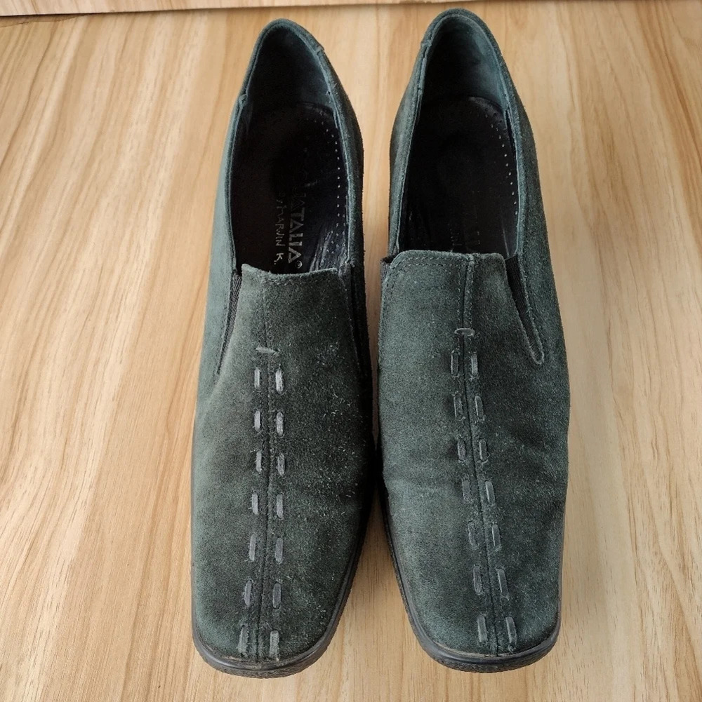 Aquatalia Shoes 8.5 By Marvin K Wedge Black Suede Slip On Heel Whipstitch Accent